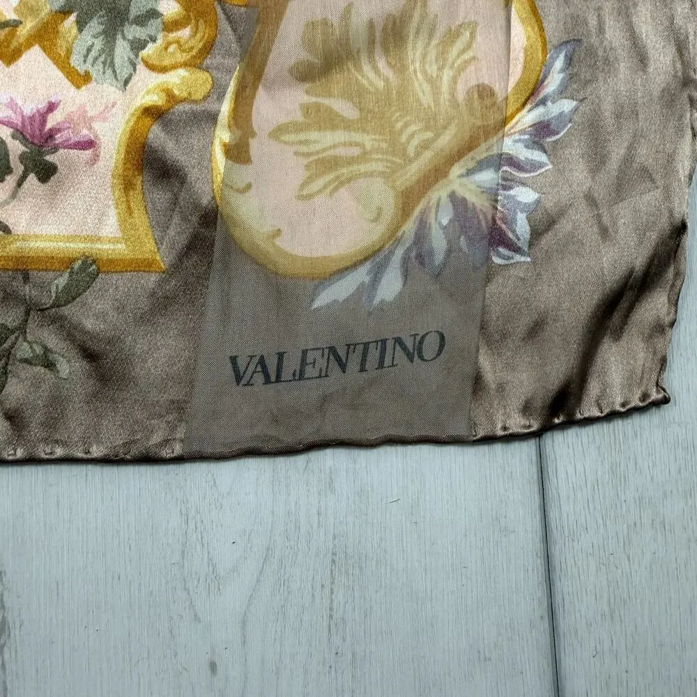 VALENTINO Brown Golden Striped Silk w/ logo Floral Print Vintage Scarf 33x34